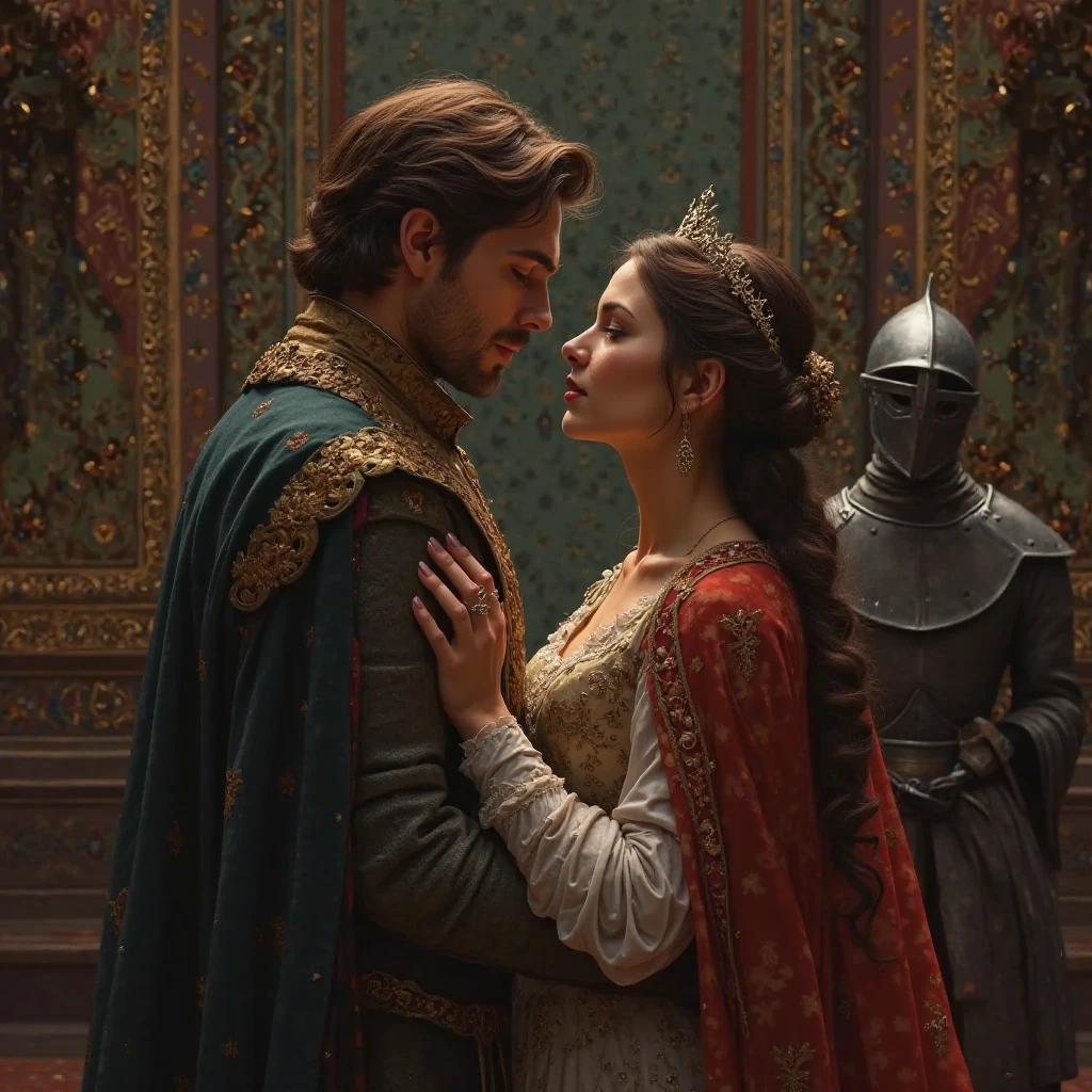 The king and queen look hand in hand. In the back stands the sad knight who looks at them between them