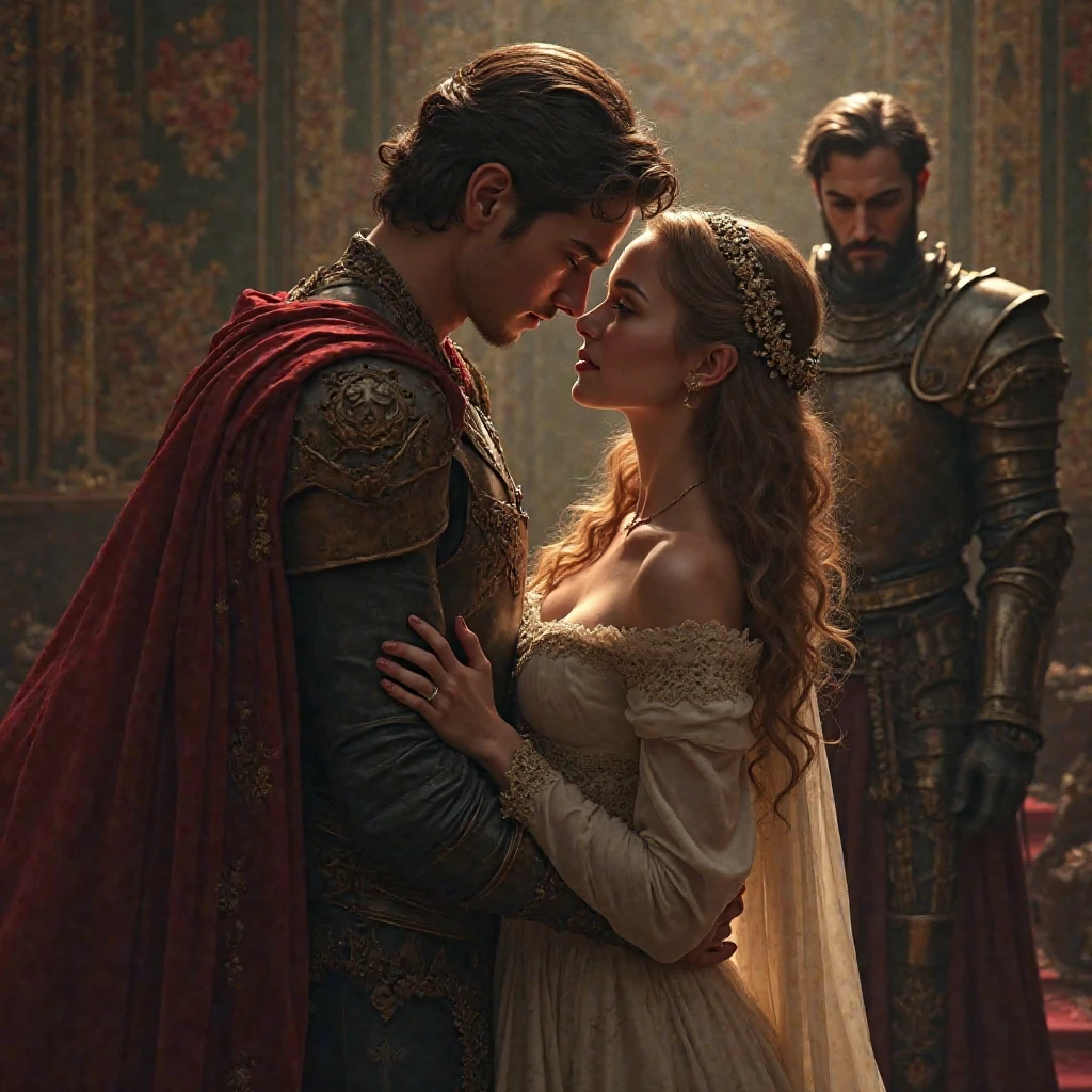 The king and queen look hand in hand. In the back stands the sad knight who looks at them between them