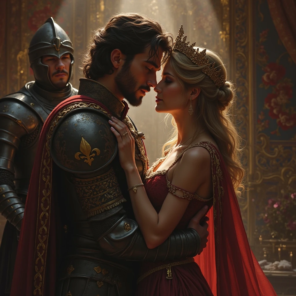 The king and queen look hand in hand. In the back stands the sad knight who looks at them between them