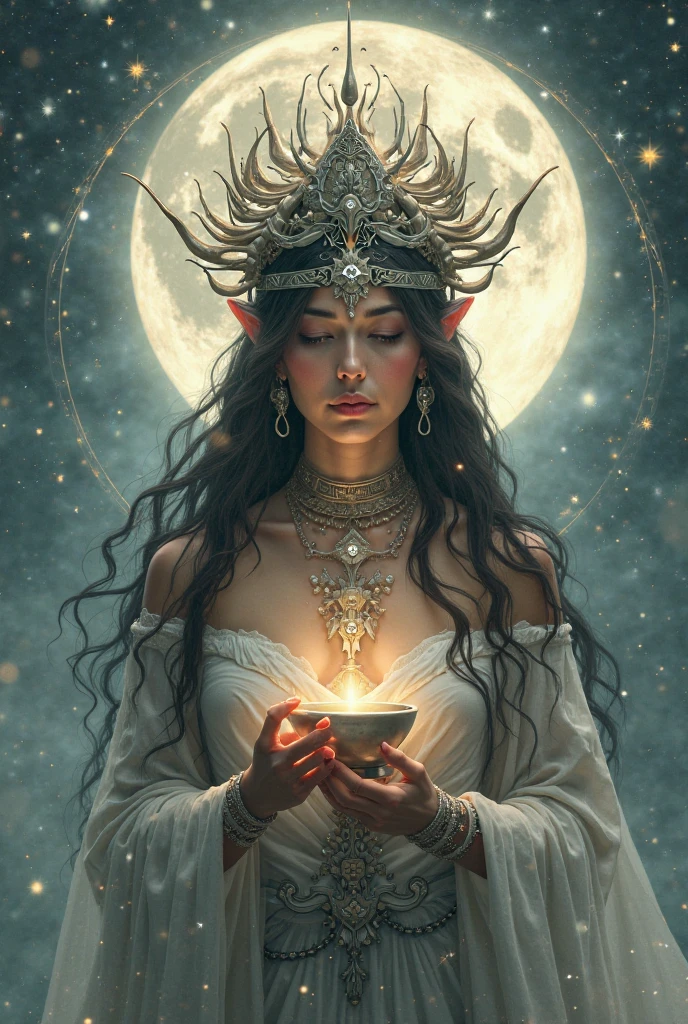 a painting of a woman with long hair and a headdress holding a cup, fae priestess, lunar goddess, /!\ the sorceress, moon goddess, fantasy style art, priestess, onmyoji detailed art, elfic priestess, eastern art style, ancient goddess, digital fantasy art ), goddess of the forest, fantasy art style