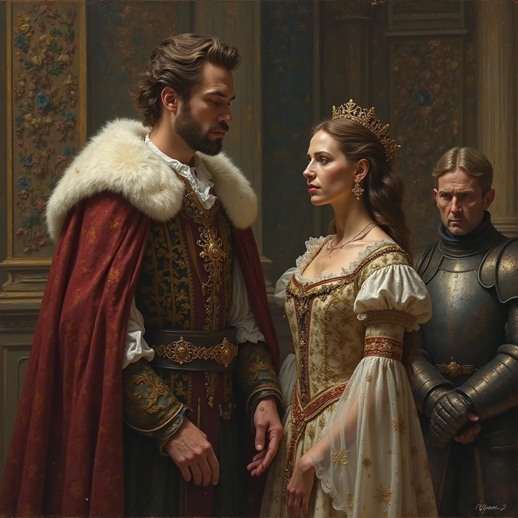 The king and queen are looking. Among them is the sad-eyed knight in the background