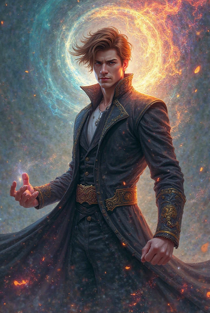 A hero , He is a magician, jung, ein Mann, brown hair, intelligent