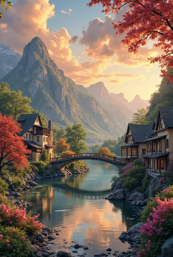 a small village by the river, mountains in the background, floral flowers colorful, detailed landscape, Beautiful natural landscapes, atmospheric lighting, scorching sunset, warm colours, practical, photopractical, Detailed Foliage, complex buildings, cobblestone street, Charming country house, swirly vibrant colors, lush vegetation, Still water reflections, Picturesque, idyllic, work of art, best qualityer, 8k, extremely detaild,anime styling