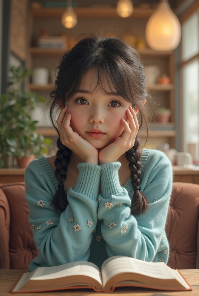 Two twisted braids,With bangs,Wearing a sweater,With a cute and delicate face, Soft round face
