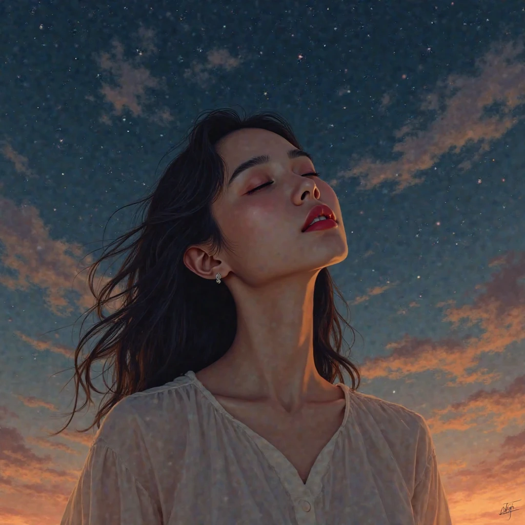 ภาพเหมือนจริง​  a young East Asian woman in her early twenties, her eyes closed in peaceful repose, her dark, wavy hair flowing gently around her shoulders. Bathed in soft light that highlights her delicate features and warm skin, she wears a simple cream blouse, contrasted against a richly colored night sky filled with swirling clouds and scattered stars, creating a serene and harmonious balance of warm and cool hues. The atmosphere feels dreamy and melancholic, in the style of a ballad.