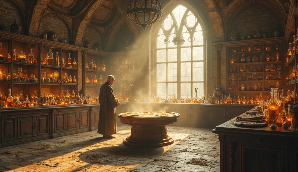 ancient alchemical laboratory, soft morning light through high arched windows, glass vials and scrolls reflecting gold light, circular altar in center glowing gently, warm and creative atmosphere