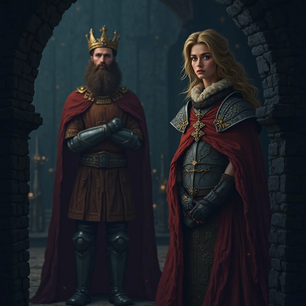The king and queen are looking. The sad knight with only his eyes visible in the background looks at them. Draw in cartoon style