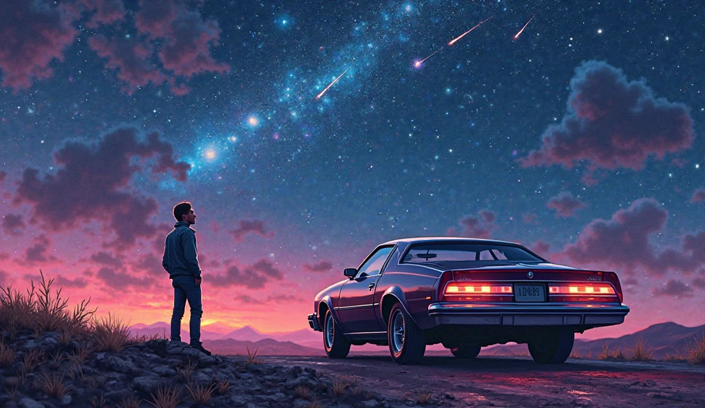 MAN AND HIS CAR LOOKING AT THE BRIGHT STARS IN THE NIGHT SKY  design retrowave 80s