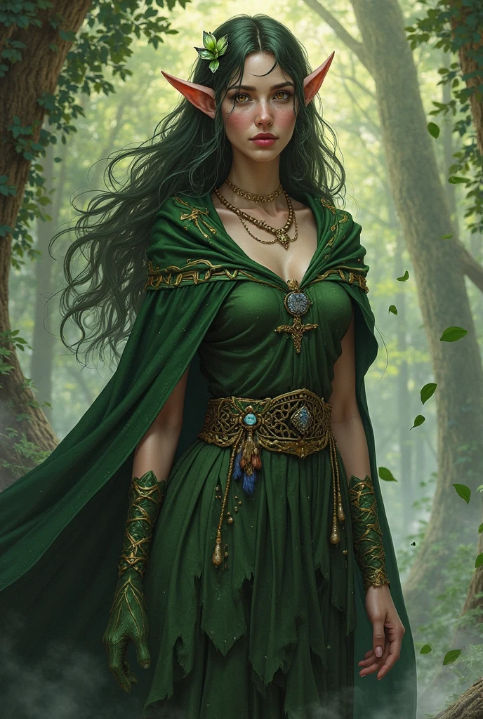 2. Lyra, the Sorceress of the Enchanted Forest
• Gender: Female
• Age: 28 years
• Race: Forest Elf
• Appearance:
o Height: 1.70 m
o Long, flowing: dark green, hair, like the leaves of an old tree.
o Eyes :  yellow , with a deep shine like gold.
o Clothes: She wears a tunic made of leaves and vines that fits her body, with a cape that appears to be made of pure fog.
or Distinguishing Trait: Her pointy ears are adorned with small flowers that change color with her emotions.