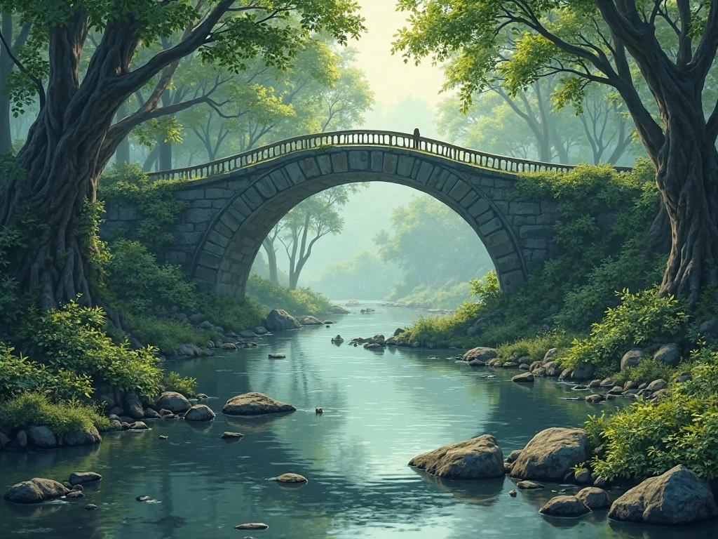 under the bridge on the river in the forest 