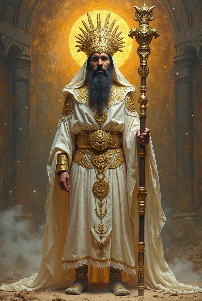 He makes an image of Itzamná — The wise priest of the temple, who knows the secrets of heaven and earth. His clothing is white with gold embroidery, and he carries a staff carved with sacred symbols. In the futurist era and let it be surrealism