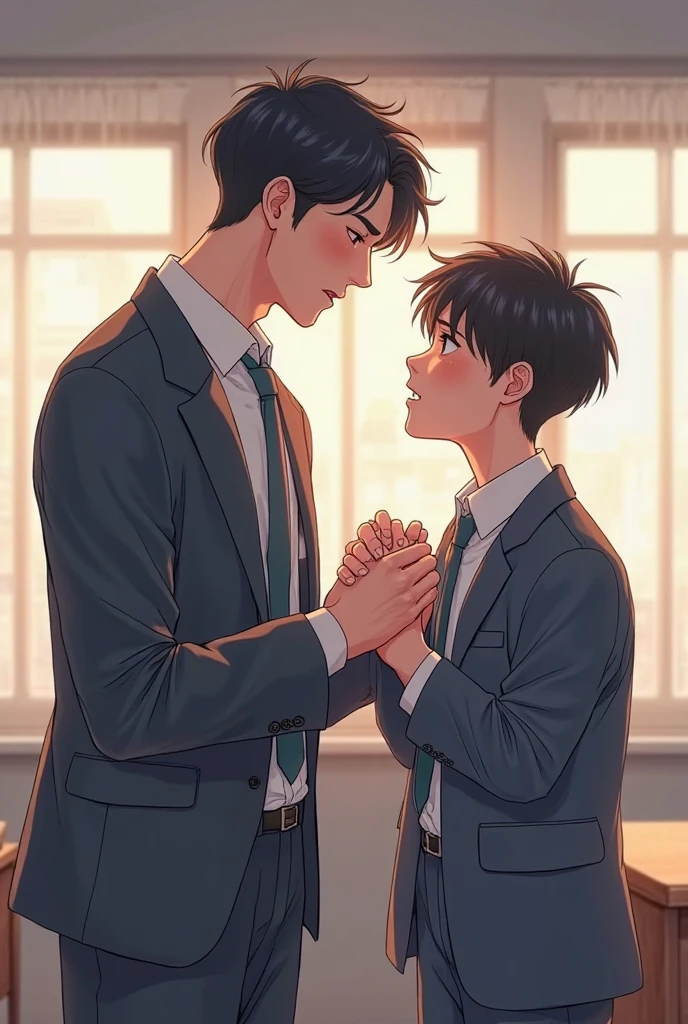 anime, boy and girl holding hands infront of blackboard