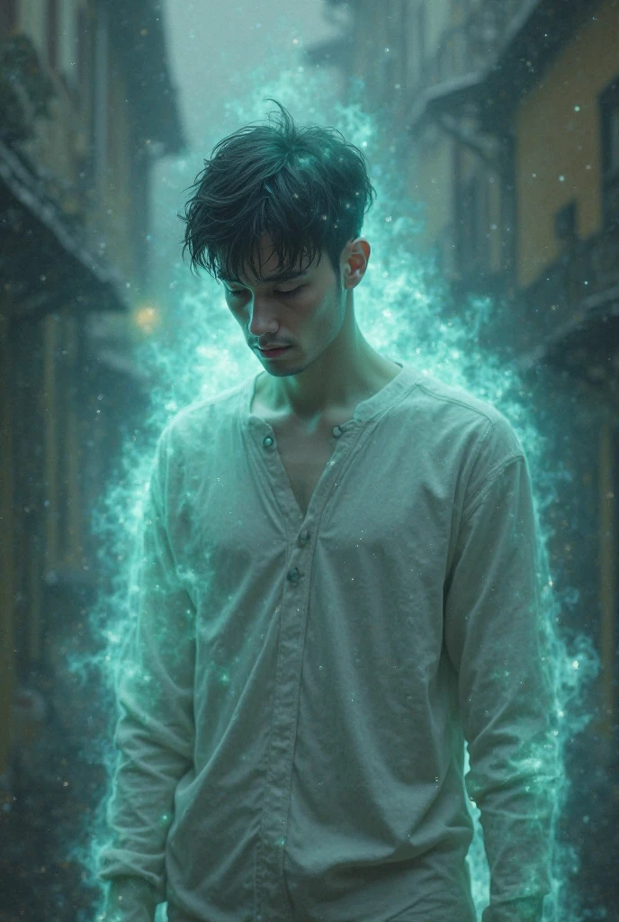 A ghost of a sad-looking, confused young man wearing humble clothes with a bright colored aura 