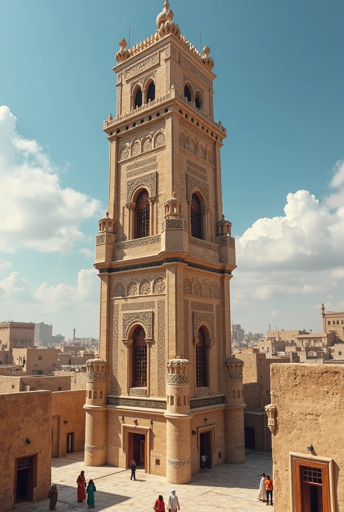 close up shot of a medieval fantasy north african traditional tower, exterior, elaborate, carved decorations (backlighting), realistic, masterpiece, highest quality, lens flare, shade, bloom, [[chromatic aberration]], by Jeremy Lipking, by Antonio J. Manzanedo, digital painting