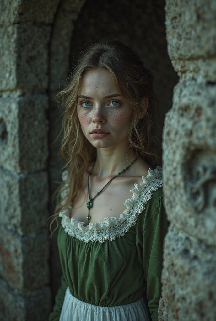 dark fantasy style. Mulher, Extremely beautiful pretty young woman, with peasant dress in moss green and white, Pale white skin, sardas,super light blue eyes. Inside a dark stone castle
