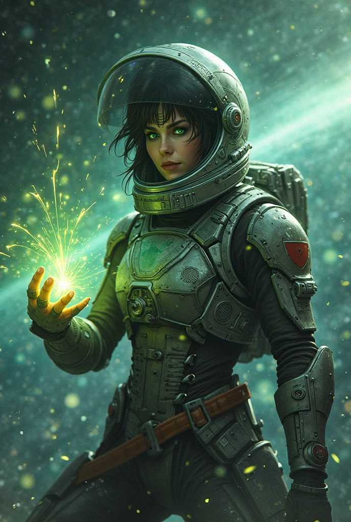 space fighter , eyes green, using powers on one hand void