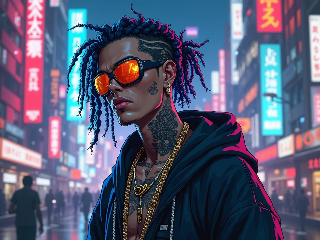 Make me a wallpaper: Japanese city, neon light, a rapper with dreadlocks tattoos, Blue hair, one gold chain, futuristic sunglasses, hoodie