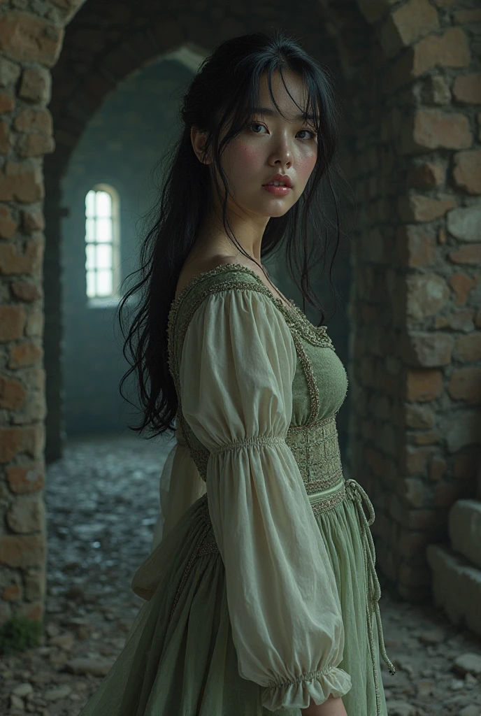 dark fantasy style. Mulher, Extremely beautiful pretty young woman, with peasant dress in moss green and white, Pale white skin, sardas, Half-tied and half-loose black hair, super light blue eyes. Inside a dark stone castle 


