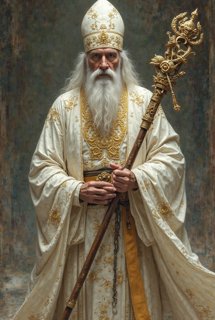 a wise priest. His clothing is white with gold embroidery, and he carries a staff carved with sacred symbols, old, Japanese and half cyborg. Finding yourself in a cyberpunk era and with a baroque painting style