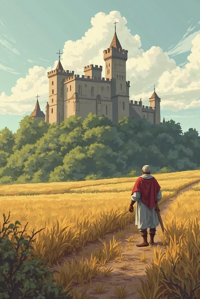 Vignette 1
(Scene: A field with a castle in the background. A peasant works the land.)
 Narrator :  In the Middle Ages , feudalism was the system that organized society!.
peasant: Another hard day on the land of the feudal lord!