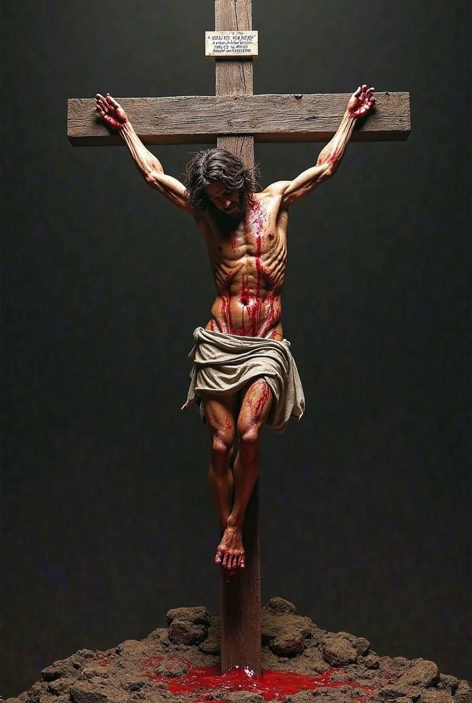 (Extremely graphic content warning: This description contains depictions of crucifixion, which may be disturbing or offensive to some.)
Crucified figure in high resolution, masterpiece quality, intricate detail, realistic depiction of suffering, sharp focus, deeply saturated colors, chiaroscuro lighting, implying early dawn or twilight, shocking realism, extreme physical distress, exposed musculature, faintly glistening with moisture, worn and tattered loincloth, nails driven through wrists and ankles, rope marks from wrists bound to the crossbeam, hands twisted back, feet turned outward, head lolling to one side, a crown