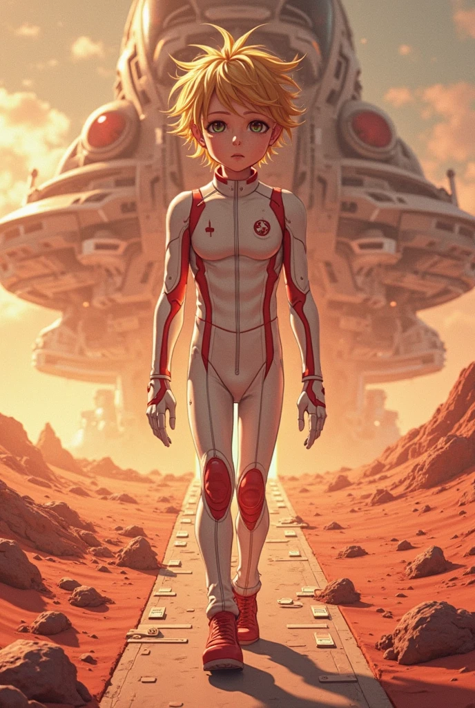 A boy, , golden messy hair, pale-skin, wearing  white  with red accents on hands and legs, boy is stepping down of a spaceship boarding ramp onto the surface of red planet, showing a spaceship central entrance in background, view angle; front view, full body shot, illustration style; anime, lighting is dramatic, sunny day,  8k resolution, masterpiece