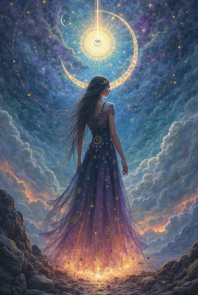 Create an image with a blue and purple background in a mystical footprint with elements ( estrela/ lua/ sol/ witch hat dress/ infinity symbols/ olho grego)