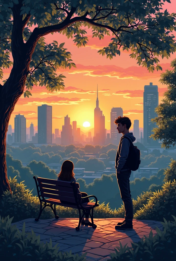 Silhouette of a man standing and looking away in the corner of the city park there is a young woman sitting on a city park bench at sunset against the background of the city building