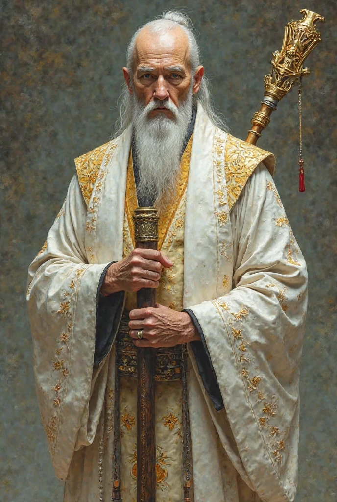 a wise priest, Old and Japanese, half cyborg . His clothing is white with gold embroidery, and he carries a staff carved with sacred symbols. finding himself in a cyberpunk era and with a surreal painting style