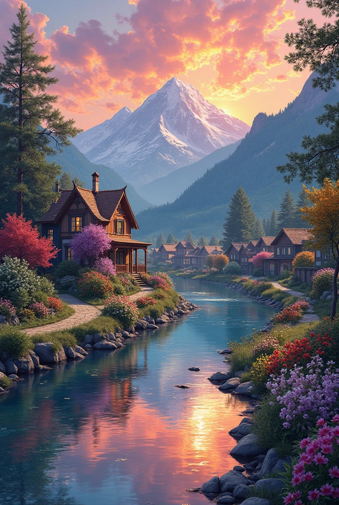 A small village by the river, color of the mountain in the background, colorful flower flowers, detailed landscape, beautiful natural scenery, atmospheric lighting, scorching sunset, warm colors, Practical, фотоPractical, detailed foliage, complex buildings, paved street, charming country house, swirl bright colors, lush vegetation, reflections on water, picturesque, idyllic, artwork, the best quality, 8k, very detailed,  anime stylization 