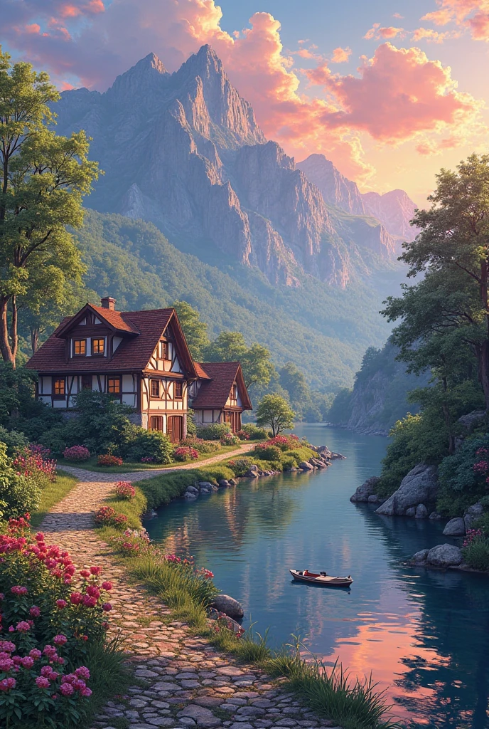 A small village by the river, color of the mountain in the background, colorful flower flowers, detailed landscape, beautiful natural scenery, atmospheric lighting, scorching sunset, warm colors, Practical, фотоPractical, detailed foliage, complex buildings, paved street, charming country house, swirl bright colors, lush vegetation, reflections on water, picturesque, idyllic, artwork, the best quality, 8k, very detailed,  anime stylization 