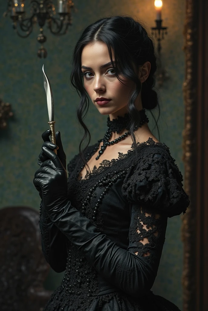 Young victorian woman with black hair and a green dress. she holds a scalpel