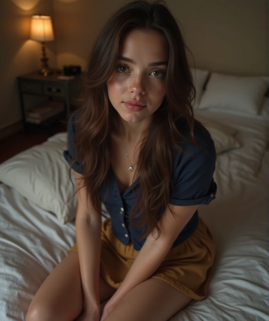 portrait of woman SavannahBrown, looking at viewer, highly detailed, film grain, 35mm photograph, professional, 4k, highly detailed, high quality, realistic, natural lighting, detailed facial features, elegant hairstyle, warm colors, cinematic, photorealistic, smile cute girl, A girl is sitting on the bed, snow-white bedspreads on the bed, an elegant room