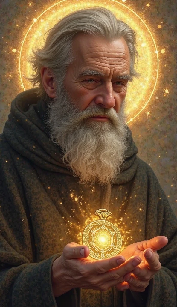 “Close-up of Saint Benedict holding his medal with a serene face, holy light shining behind him, divine presence”