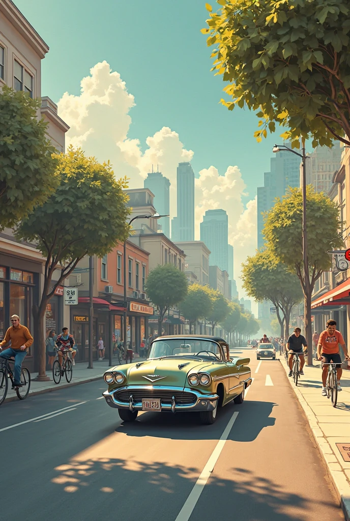 We are in 1960 a car passes by and people on bicycles