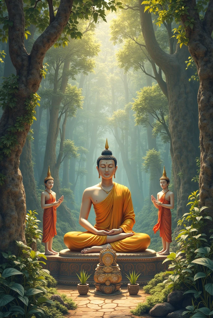 three monks sitting in meditation position in a forest, monk meditate, on path to enlightenment, hindu stages of meditation, buddhism, on the path to enlightenment, yellow robes, spiritual enlightenment, buddhist monk meditating, samsara, monks, buddhist, enlightenment, enlightened, monk clothes, meditating, zen meditation, praying meditating, meditation, concept art of a monk