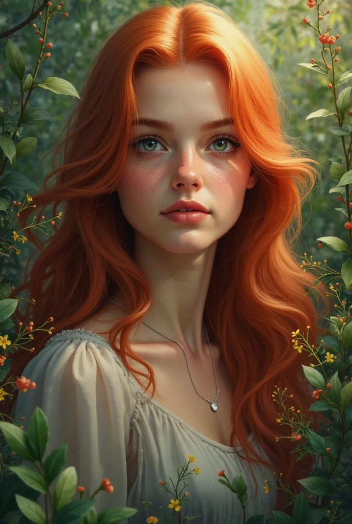 (photorealism:1.2),"A young woman with long, red hair stands against a lush, green background. She gazes directly into the camera, her expression calm, thoughtful, and contemplative. Her posture and the soft way her hair flows around her face evoke a sense of peaceful reflection, almost as if she is in a prayerful state. Her eyes hold a deep, soulful look, exuding a quiet serenity amidst the vibrant foliage surrounding her."