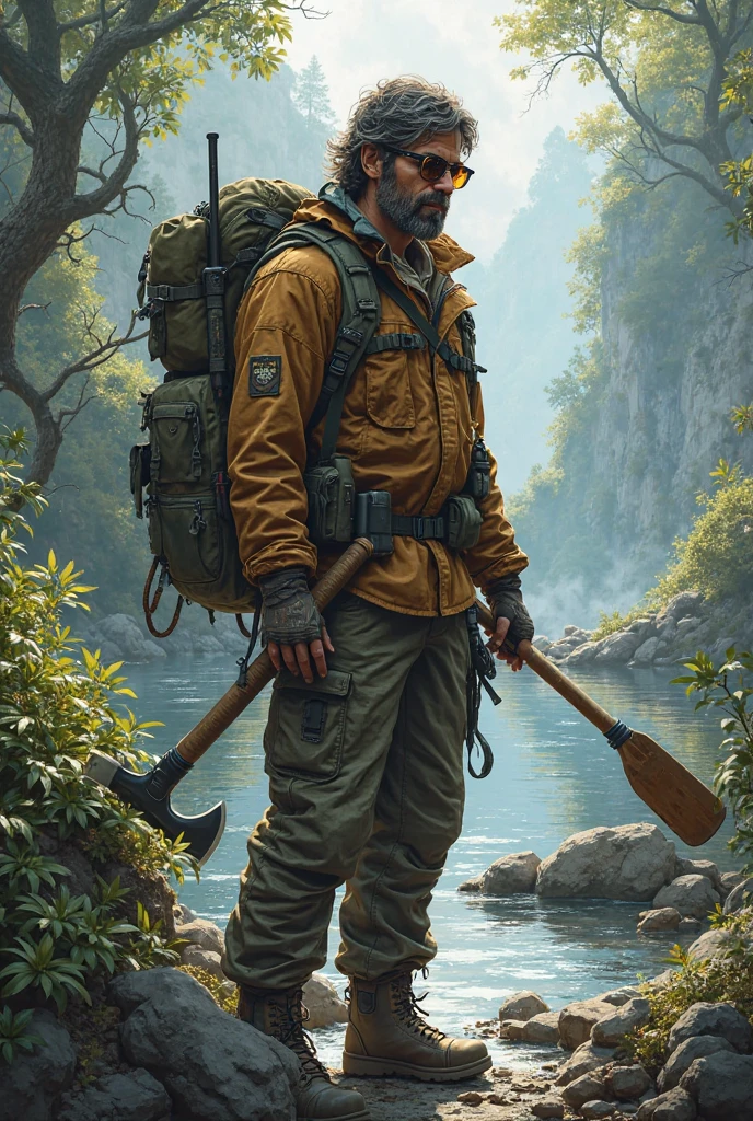 snorkel, oars, Tactical axe and tactical knife
