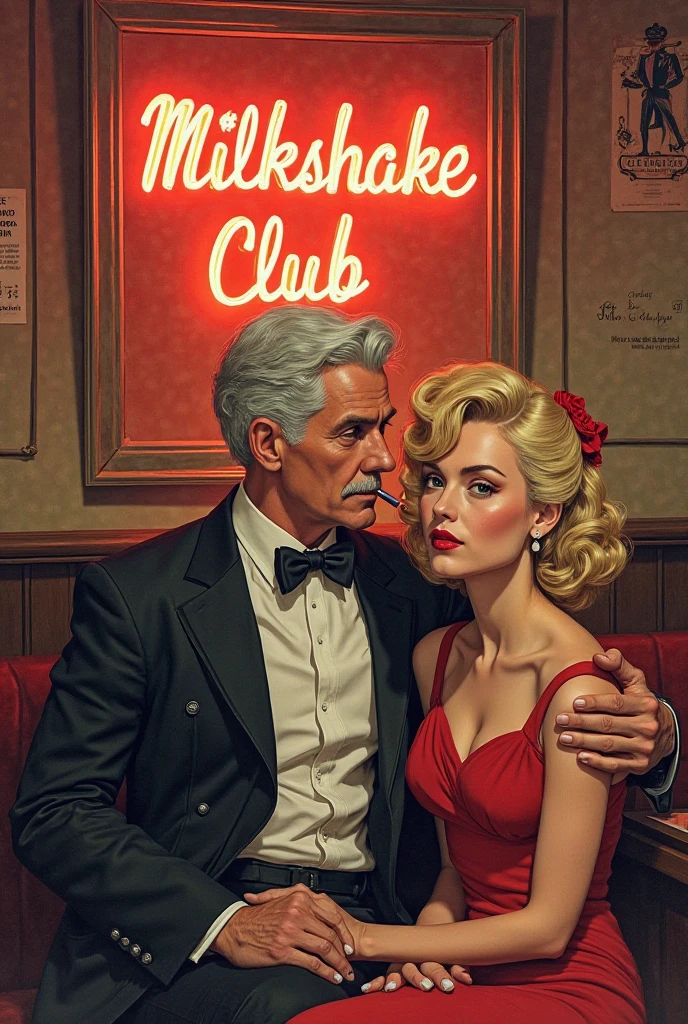 elvis and marilyn sitting on a red chair in front of a red backdrop, by Mark Brooks, cgsociety, retro style art, beautiful retro art, rockabilly, anime elvis presley, retro art style, 1950s illustration style