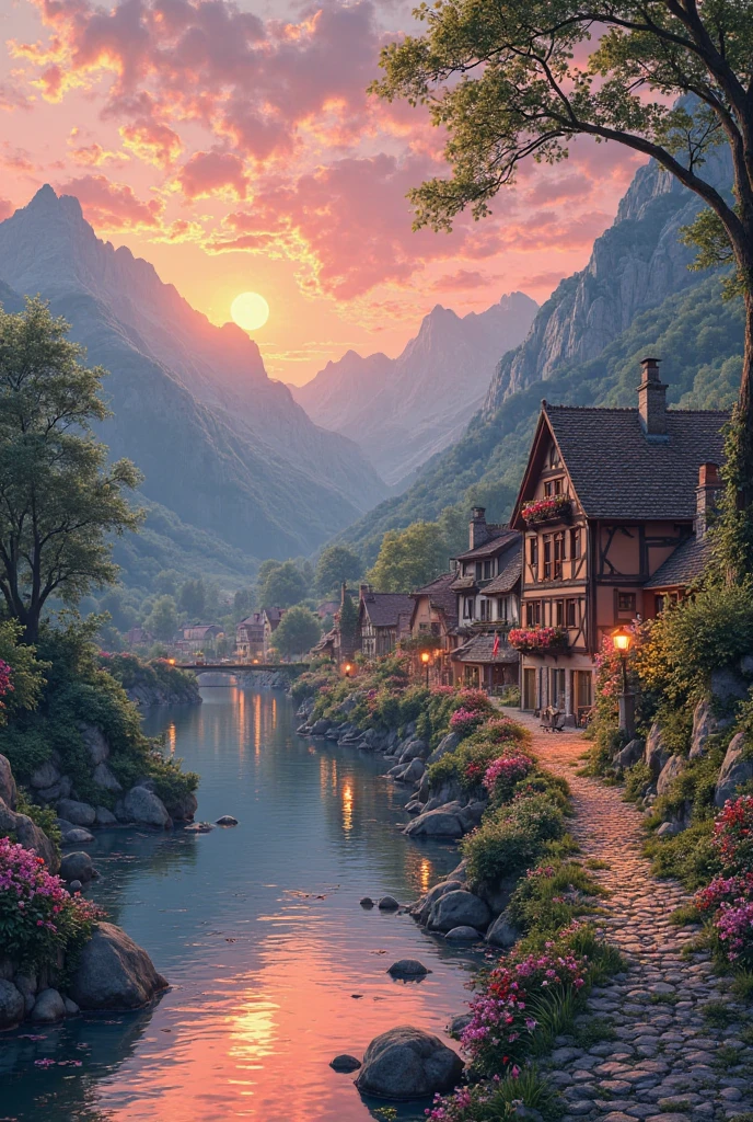 a small village by the river, mountains in the background, floral flowers colorful, detailed landscape, Beautiful natural landscapes, atmospheric lighting, scorching sunset, warm colours, practical, photopractical, Detailed Foliage, complex buildings, cobblestone street, Charming country house, swirly vibrant colors, lush vegetation, Still water reflections, Picturesque, idyllic, work of art, best qualityer, 8k, extremely detaild,anime styling