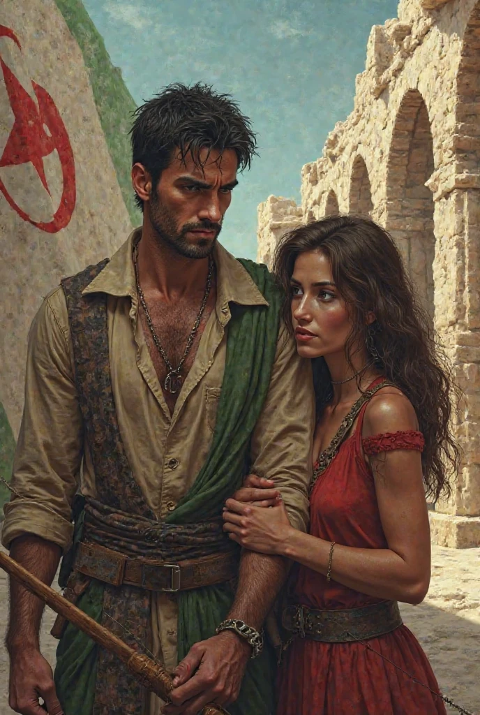 A North African man, irritated, Brown with green eyes, short hair and armed with a bow. His wife holds his arm, She is brunette with distant brown hair. Ruins in the background and an Algerian flag.