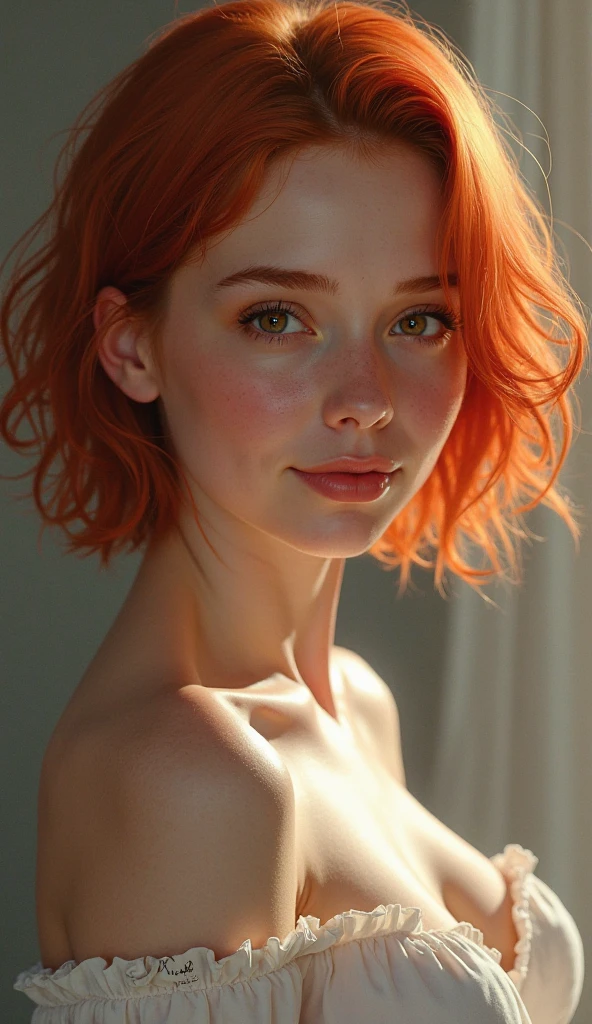 Instagram Photos, French woman, 21 years old, square hair cut,Redhead, Girevest, Glitter、Neckline, pale, Sharp Shadow