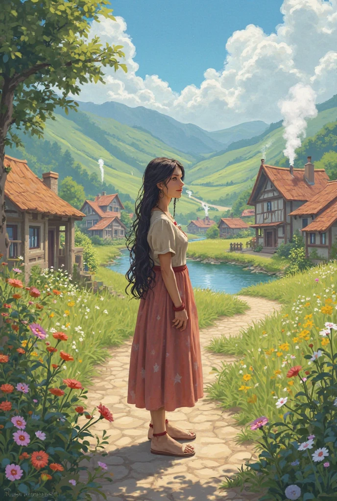 A small, peaceful village with a humble girl named Sarah. 