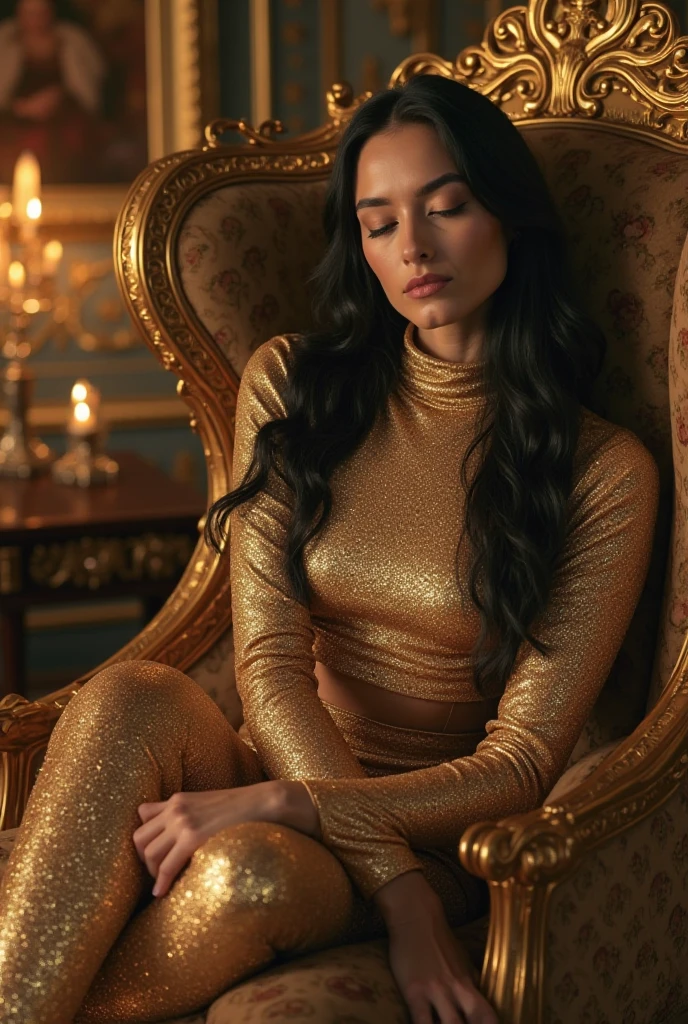 a woman with black hair and an open face in a black oversized jacket with gold accessories sits in a sassy confident pose on a black leather chair, on her head is a modern gold crown, in one hand holds an iPad with a glowing gold Apple logo on the other hand, a golden glowing magic wand, in the background there is a black modern wall with a large gold neon circle, realistic photo.