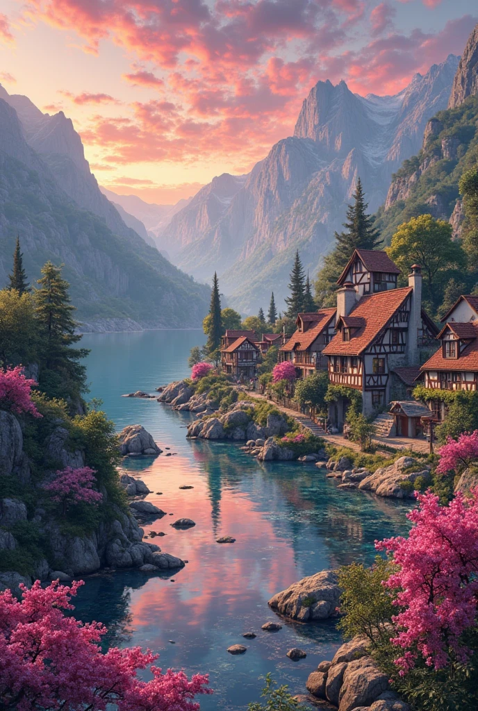 Small village by the river, mountains in the background, colorful pink flowers, detailed landscape, beautiful scenery, atmospheric lighting, scorching sunset, warm colors, practical, photography, detailed foliage, intricate buildings, cobblestone street, charming country house, swirling bright colors, dense vegetation, water reflections, picturesque, perfect, artwork, best quality, 8k, highly detailed, anime style