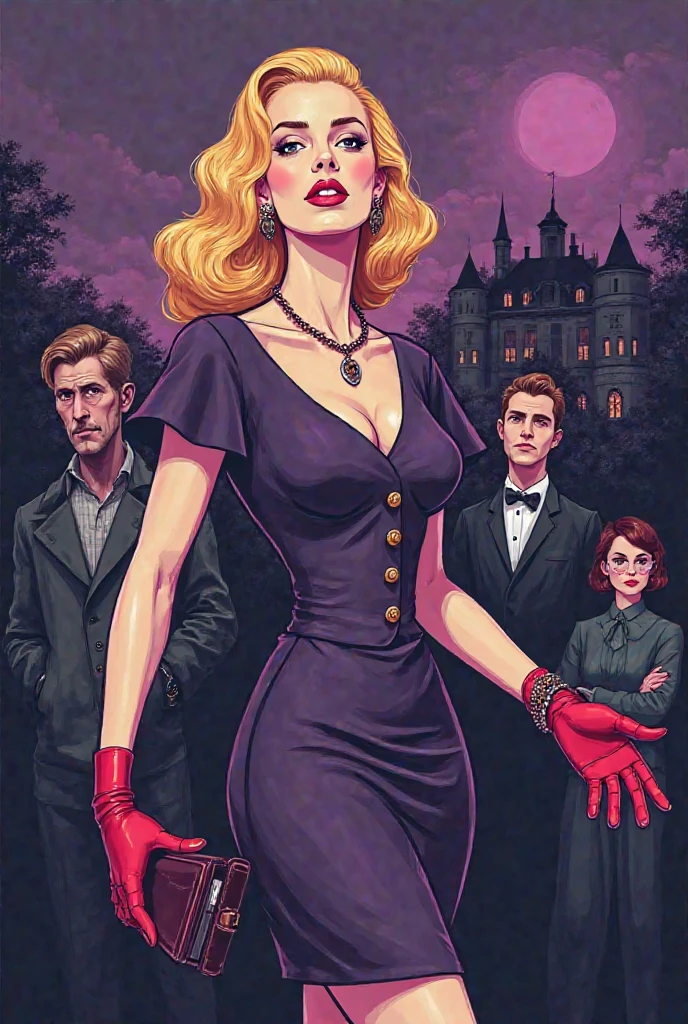 Create the illustrated cover as if it were the cluedo, Violet background, a castle and several characters, the protagonist, a very beautiful blonde woman dressed in the 1950s, next door, a very handsome and sexy man, and then strange and curious characters such as the game of Cluedo. También ti crea a una señora de unos sesenta años vestida muy llamativa