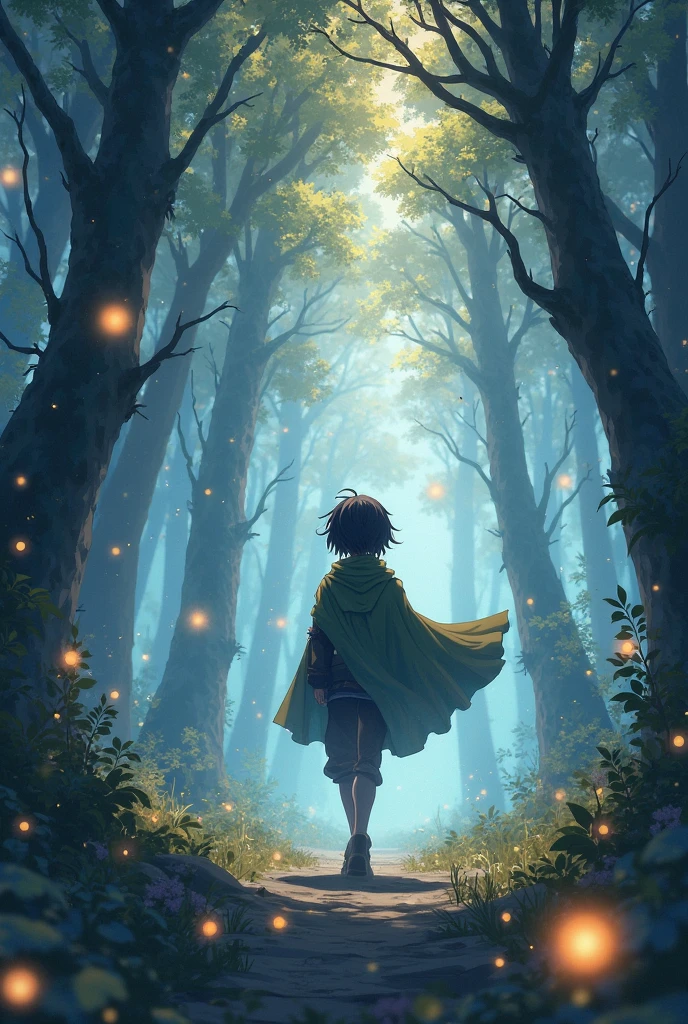 Lonely hero in the enchanted forest"
A young anime hero, with dark hair and a waving cape, walking through a forest full of giant trees and floating lights, as he resolutely observes the horizon.
