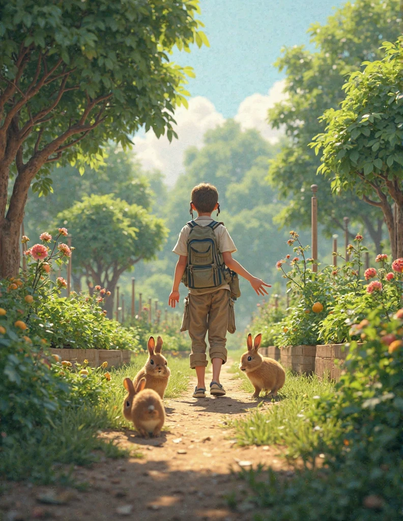 Walking in the garden, taking some fruits from the garden. The he find rabbits down the tree, he started to chase the rabit