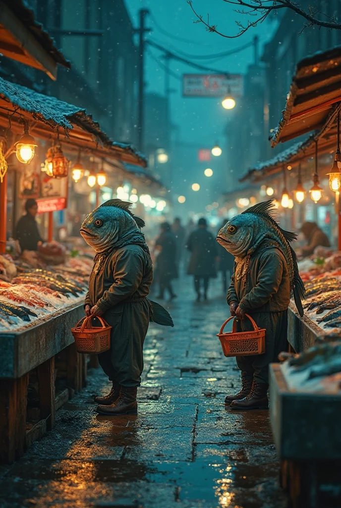 "A nighttime street market scene with a dim but visible ambiance, lit by scattered warm lamps and glowing signs. Anthropomorphic fish are browsing the stalls, shopping like humans. Instead of fish on ice, there are realistic human beings laid out in ice trays, as if they were seafood. The fish wear clothes and carry shopping baskets, looking thoughtfully at the humans. The market has a slightly surreal and humorous atmosphere, with underwater-themed decorations and subtle mist in the air. The lighting creates a soft contrast between shadows and highlights."

