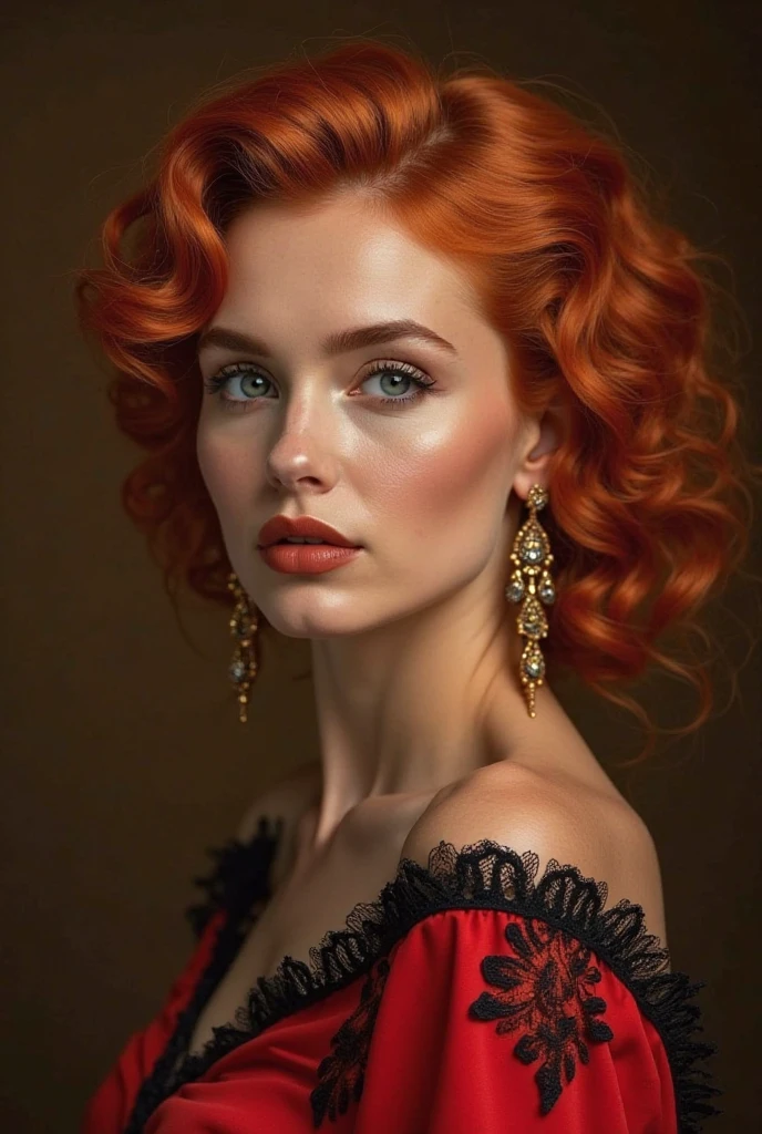 DESIGN AN European woman with fiery red hair styled in voluminous curls cascading around her shoulders.  She is positioned in a slightly three-quarter view, and her gaze is directed towards the viewer.  Her skin is a light tan, and her eyes are a striking vibrant blue.  She has full, softly contoured lips in a rich, warm brown shade.she puts accessories. Her expression is alluring and captivating.  The woman is wearing red top with delicate black lace detailing, especially on the sleeves, featuring intricate floral patterns.  Long, draped, metallic gold-hued dangling earrings dangle from her ears further emphasizing her elegance.  The background is a deep, rich brown, almost sepia toned, providing a dramatic contrast to the woman's vibrant colors. The lighting on her face is soft and highlights her features, creating a stunning and highly detailed image with a hyperrealistic aesthetic. A title and artist's credit are artistically embossed in a script font creating a cohesive composition with emphasis on elegance and style..